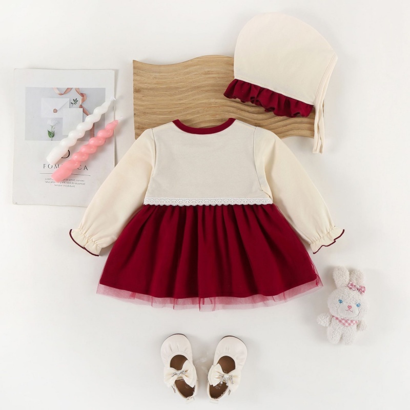 Baby Girl Long Sleeve False Two Piece Embroidered Rabbit Bilateral Dress with Hat