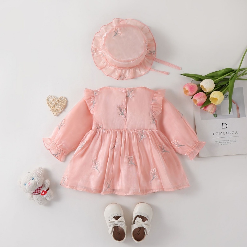 Baby Girl Long Sleeve Lily Section Embroidery Bow Mesh Dress with Hat