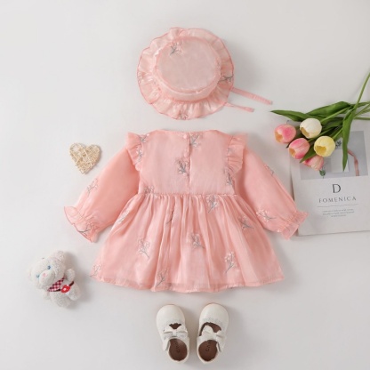 Baby Girl Long Sleeve Lily Section Embroidery Bow Mesh Dress with Hat