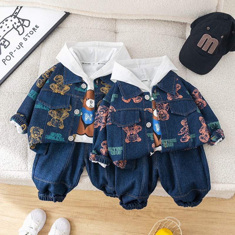 3pcs Baby Boy Full Print Bear Hooded Sweatshirt Long Sleeve Set