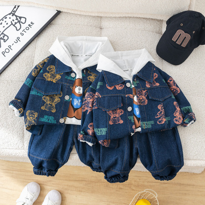 3pcs Baby Boy Full Print Bear Hooded Sweatshirt Long Sleeve Set