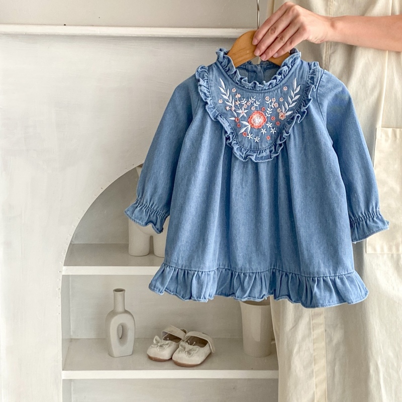 Baby Girl Floral Embroidery Denim Long Sleeve Dress