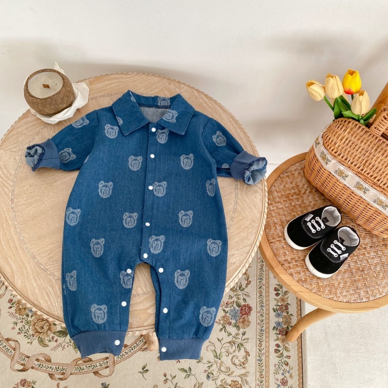 Baby Girl/Boy Cute Bear Pattern with Small Lapel Long Sleeve Romper