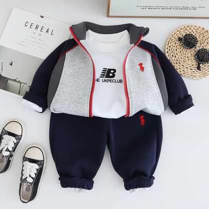 3pcs Baby Boy Zip Up High Neck Embroidered Pony Long Sleeve Set