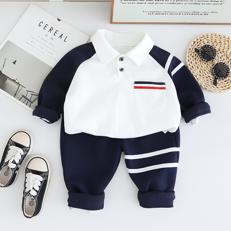 2pcs Baby Boy Colour Block Stripe Polo Shirt Long Sleeve Set