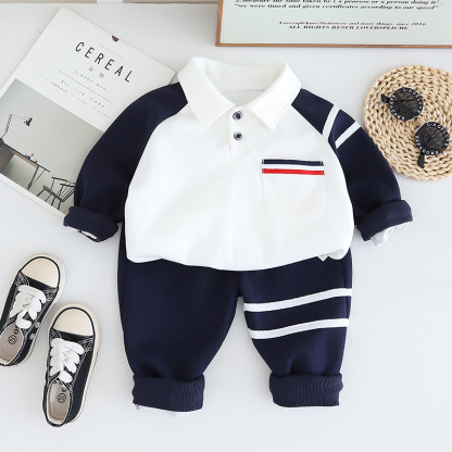 2pcs Baby Boy Colour Block Stripe Polo Shirt Long Sleeve Set