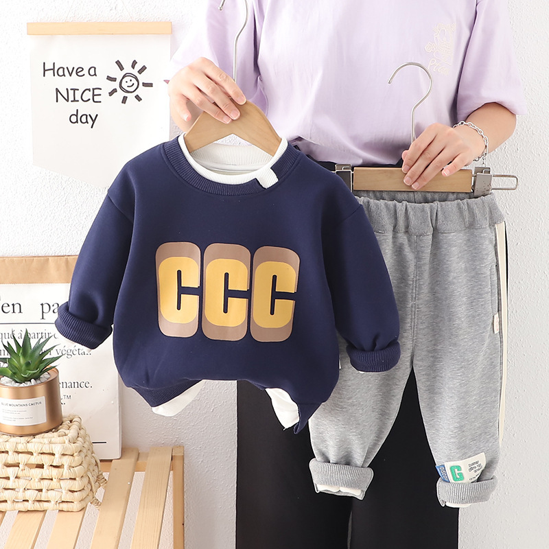 2pcs Baby Boy Padded Alphabet Fake Two Piece Set