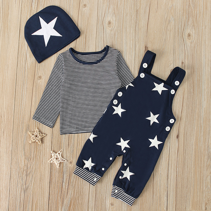 Baby Boy Stars and Stripes Suspenders Trousers + Long-sleeved T-shirt with hat three-piece set