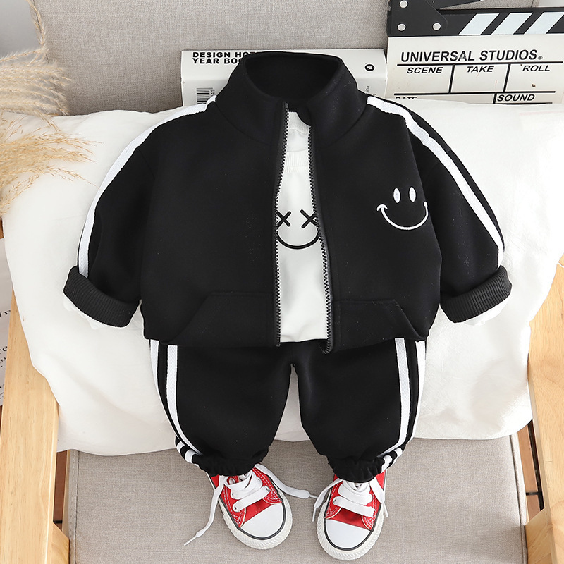 3pcs Baby Boy Smiley Zip Long Sleeve Set