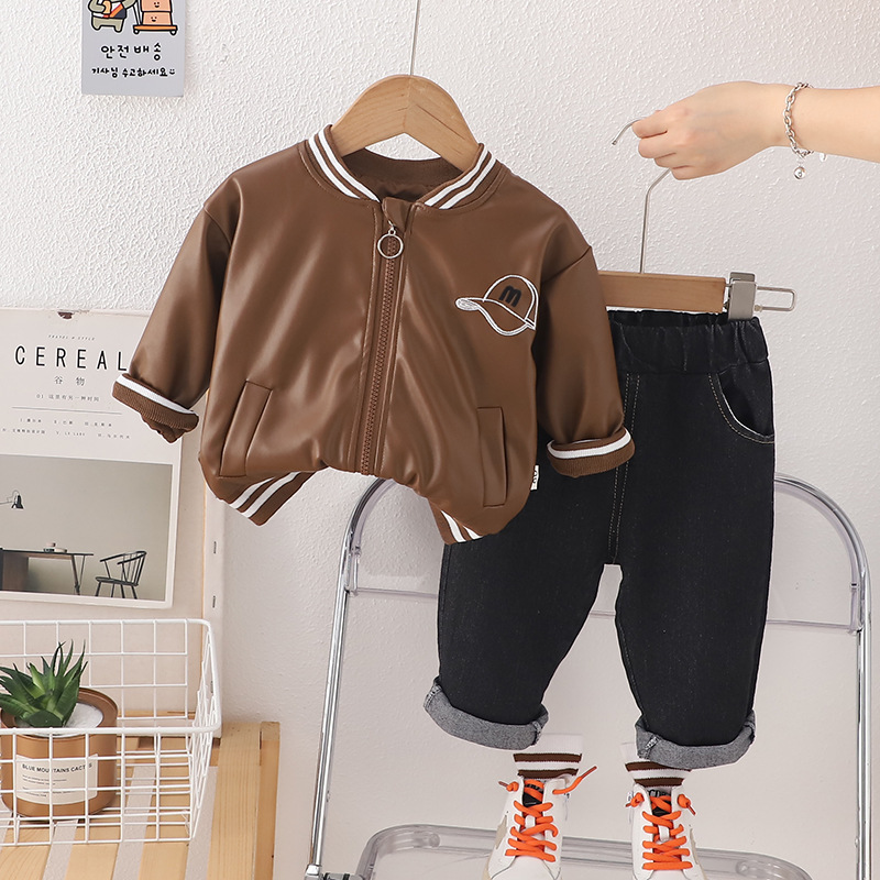 2pcs Baby Boy Leather Baseball Jersey Long Sleeve Set