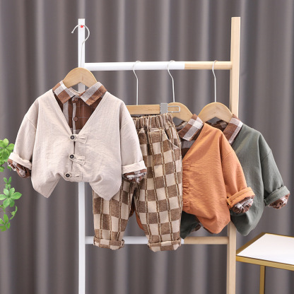 3pcs Baby Boy/Girl Long Sleeve Vintage Mori Plaid Set