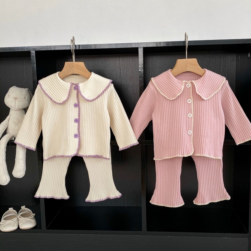 2pcs Baby Girl Lapel Long Sleeve Cardigan Micro Flared Trousers Set