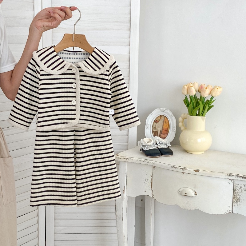 2pcs Baby Girl Striped Simple Lapel Long Sleeve Top Casual Wide Leg Trousers Set