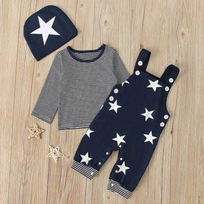 Baby Boy Stars and Stripes Suspenders Trousers + Long-sleeved T-shirt with hat three-piece set