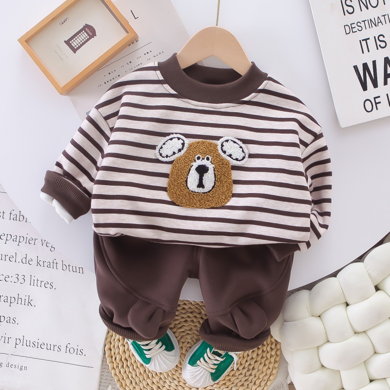 2pcs Baby Boy Cute Bear Crew Neck Padded Sweatshirt Set