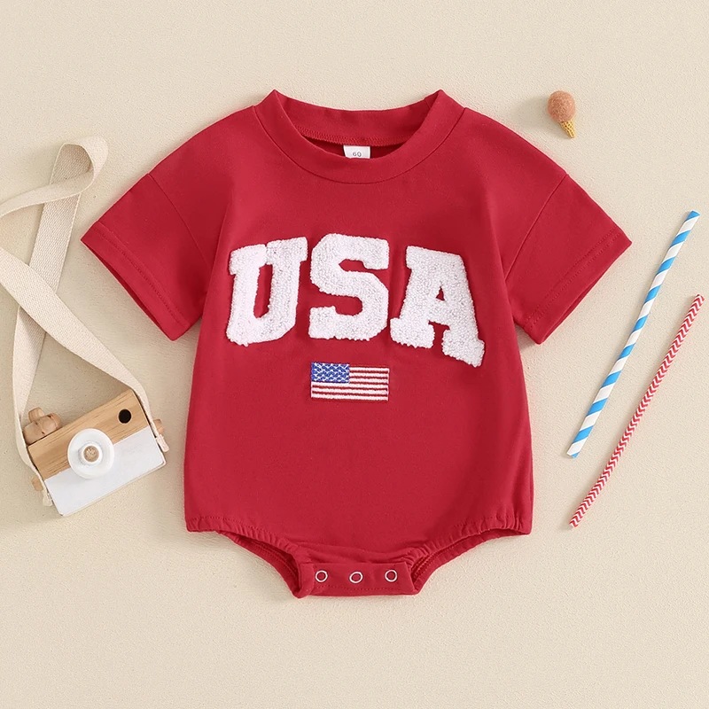 Baby Boys Embroidered American Flag Short Sleeve Bodysuit