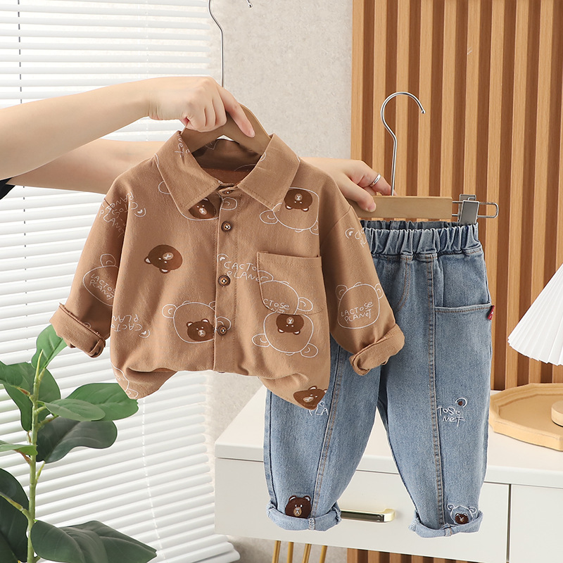 2pcs Baby Boy Full Print Bear Long Sleeve Shirt Set