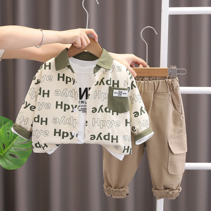 3pcs Baby Boy Full Print Lettering Long Sleeve Shirt Set