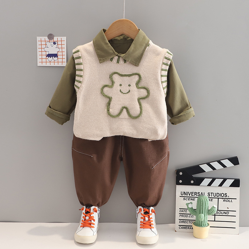 3pcs Baby Boy Bear Vest Long Sleeve Shirt Set