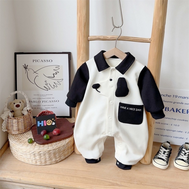 Baby Girl/Boy Black and White Puppy Long Sleeve Romper
