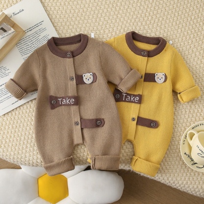 Baby Girl/Boy Cute Cartoon Striped Knitted Bear Long Sleeve Romper