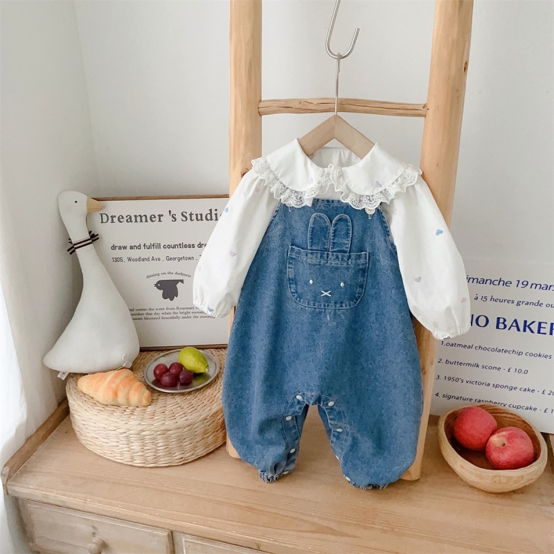 Baby Girl Doll Neck Cardigan + Bunny Bib Pants Romper