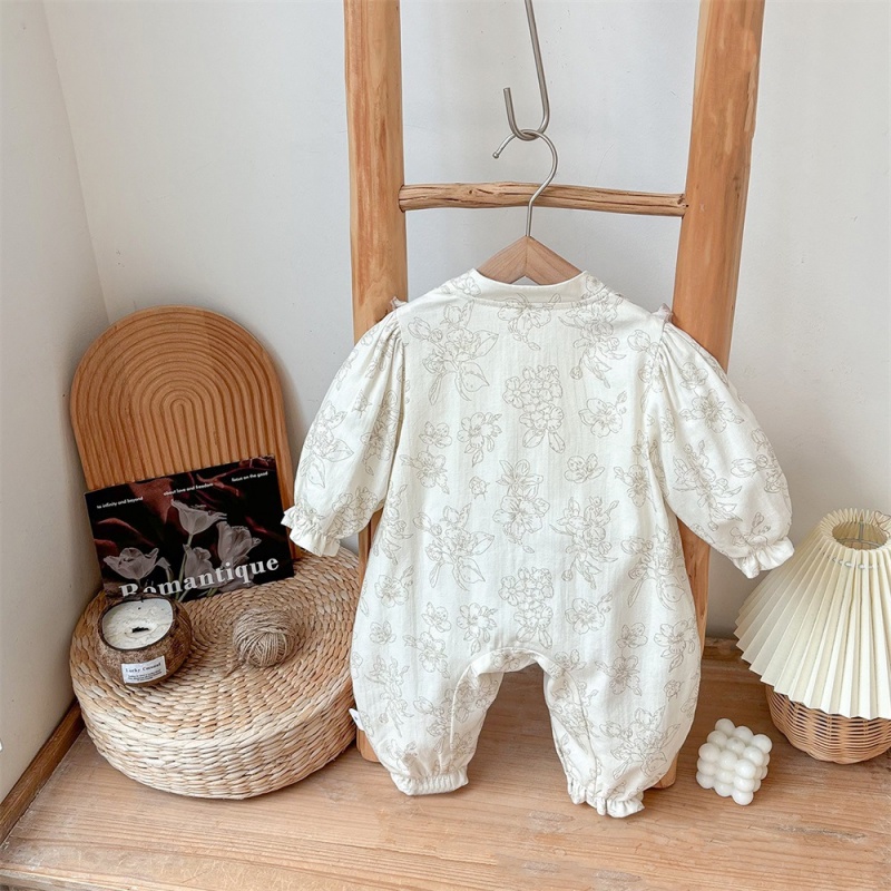 Baby Girl Chinese Plate Button Flower Long Sleeve Romper
