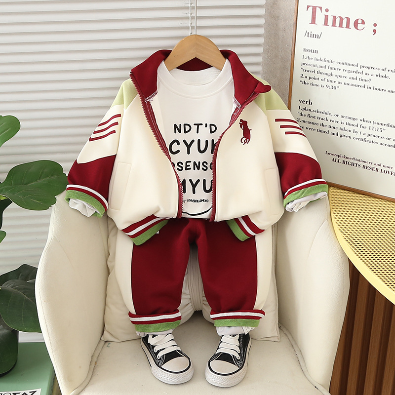 3pcs Baby Boy Zip Up Jacket Letter Printed T Shirt Casual Trousers Set
