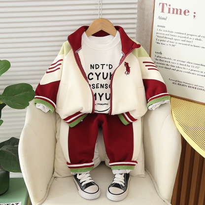 3pcs Baby Boy Zip Up Jacket Letter Printed T Shirt Casual Trousers Set
