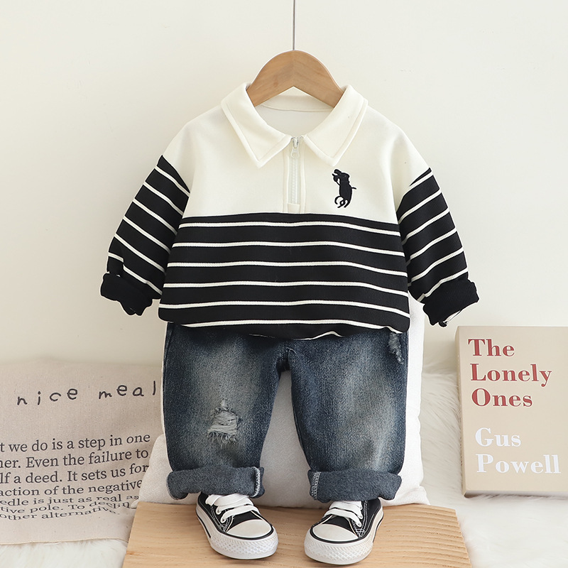 2pcs Baby Boy Striped Polo Shirt Long Sleeve Jeans Set