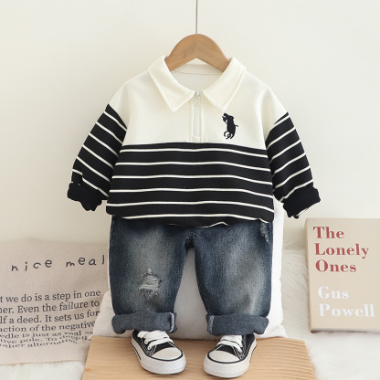 2pcs Baby Boy Striped Polo Shirt Long Sleeve Jeans Set