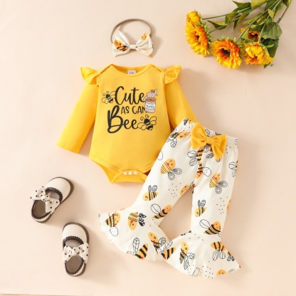 2pcs Baby Girl Cute Little Bee Print Long Sleeve Set With Hairband