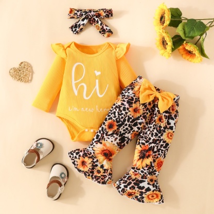 2pcs Baby Girl Cute Alphabetical Flowers Long Sleeve Set With Hairband