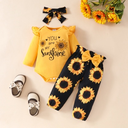 2pcs Baby Girl Alphabet Sunflowers Long Sleeve Set With Hairband