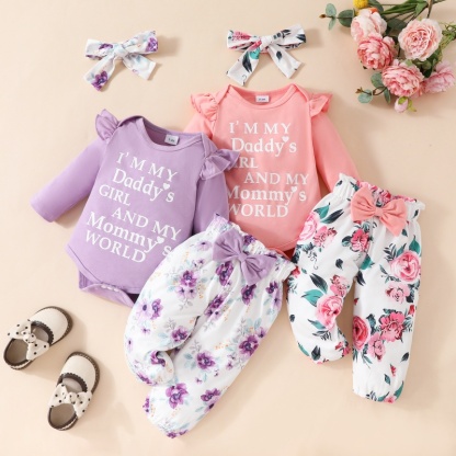 2pcs Baby Girl Cute Alphabetical Flowers Bow Long Sleeve Set With Hairband
