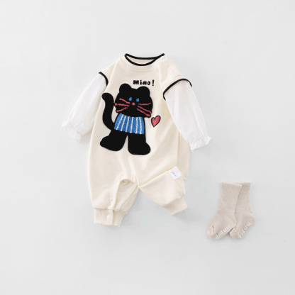 Baby Girl CuteTowel Embroidery Cat Long Sleeve Romper