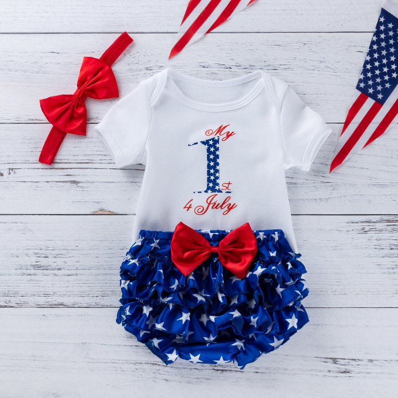Baby Boys Independence Day Letter Print Bodysuit + Pant +Hairband Three-piece set
