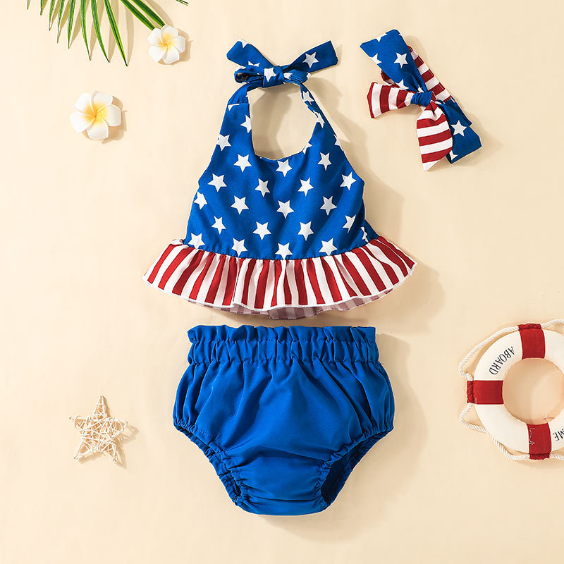 Baby Girl Independence Day Stripes and Stars Sling-shirt+ Pant + Hairband 3pcs Set