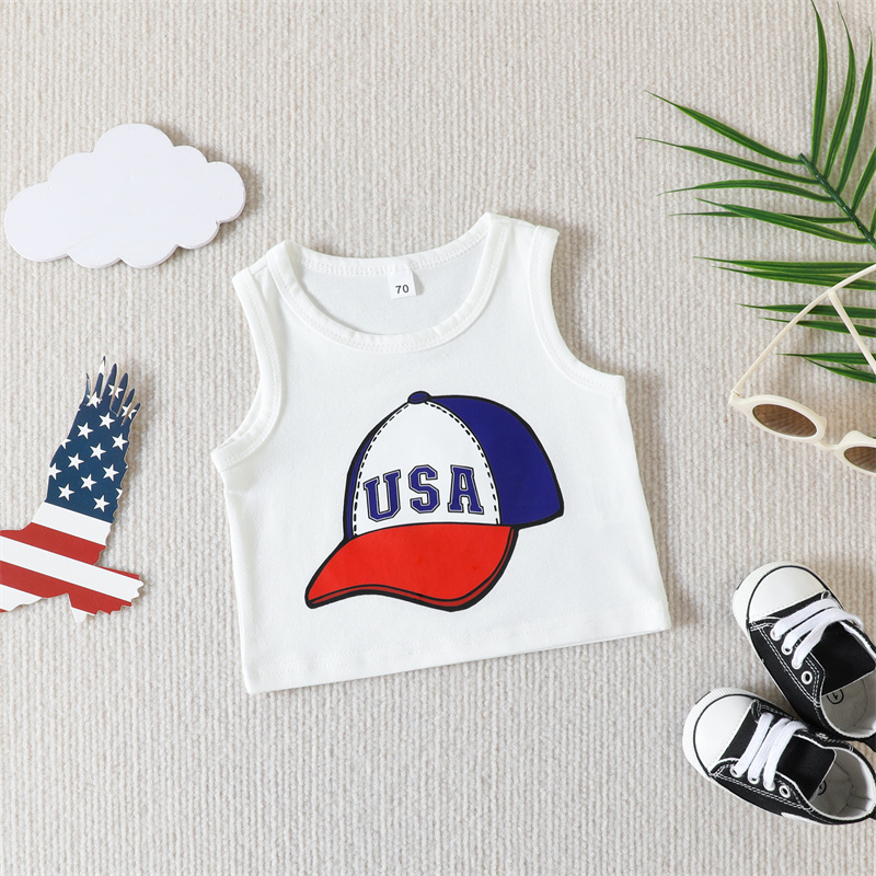 2pcs Baby Boy/Girl Independence Day cap and Letter Print Sleeveless with Pant Set