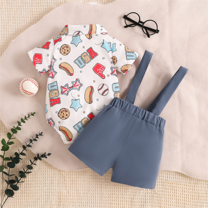 Baby Boys Independence Day Element Print Bodysuit + Suspenders 2pcs Set