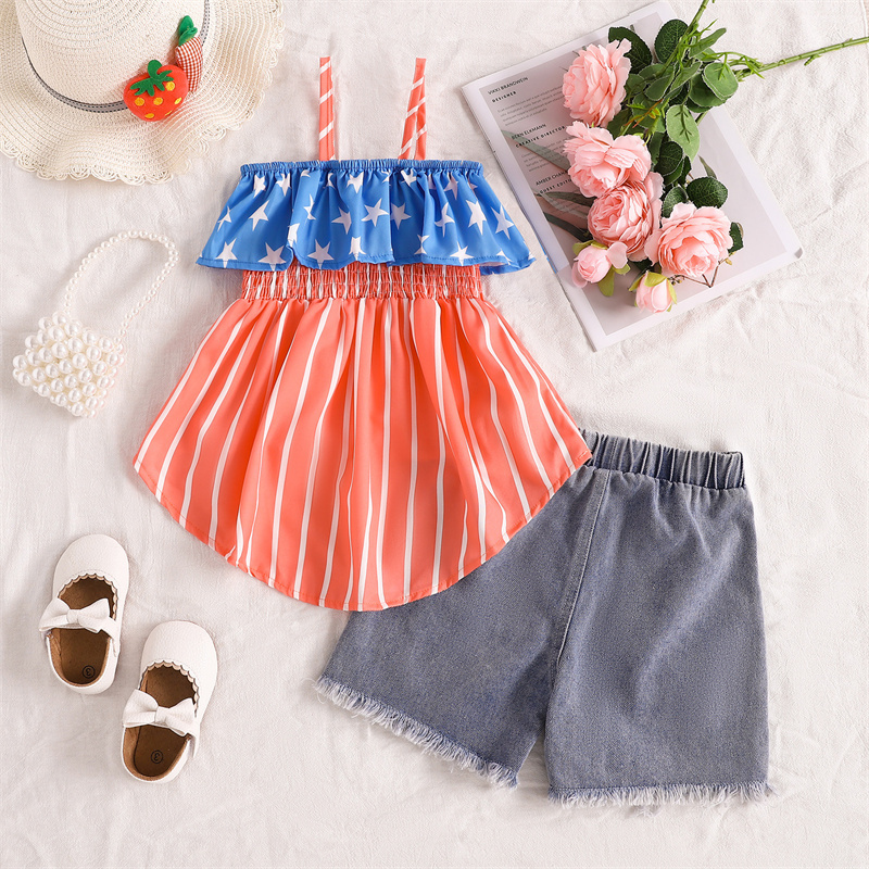 Baby Girl Independence Day Stars and Stripes Print Sling-shirt+ Pant 2pcs Set