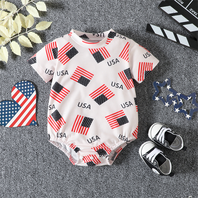Baby Boy/Girl Independence Day Flag Print Short Sleeve Bodysuit