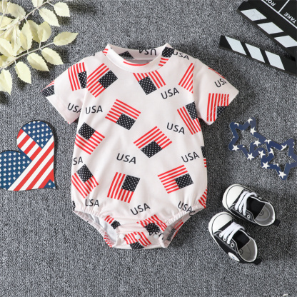 Baby Boy/Girl Independence Day Flag Print Short Sleeve Bodysuit