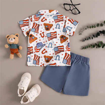 2pcs Baby Boy Independence Day Flag Print Bow Tie Shirt with Pant Set