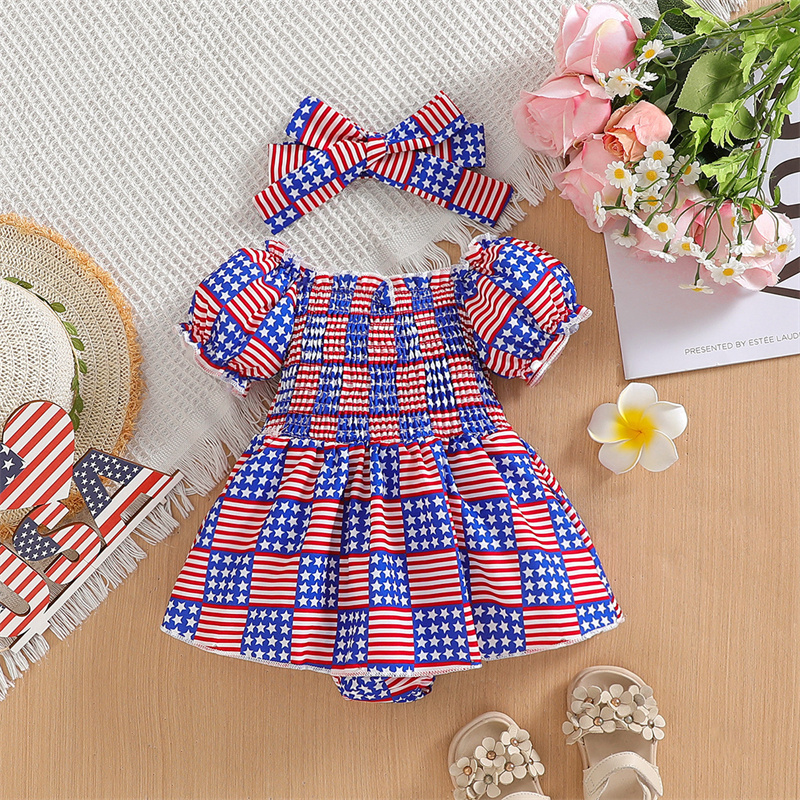Baby Girl Independence Day Star Grid Short Sleeve Bodysuit with Hairband