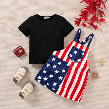 Baby Boys Independence Day Stars and Stripes T-shirt+Suspenders 2pcs Set