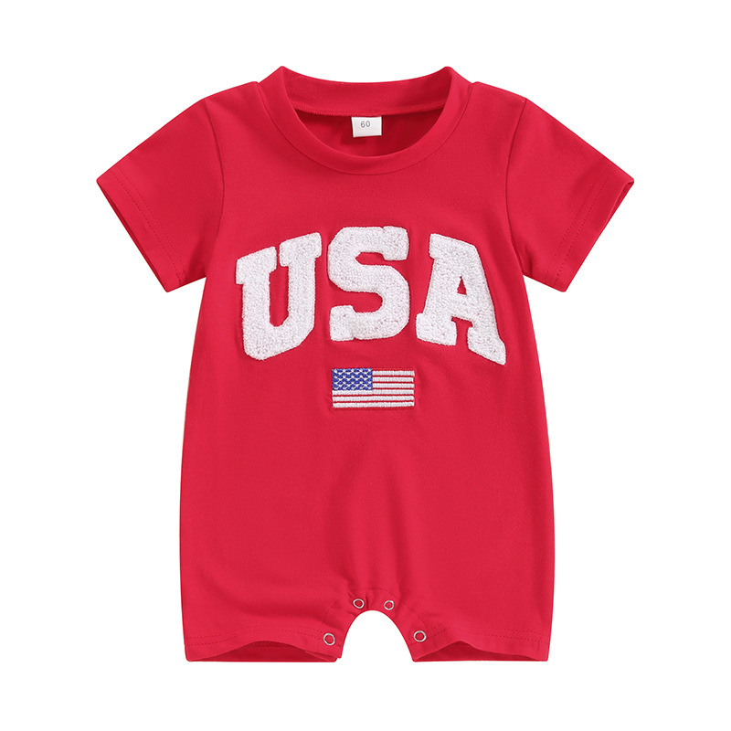 Baby Boys Embroidered Independence Day Alphabet USA Short Sleeve Rromper