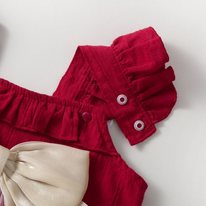 2pcs Baby Girl Long Sleeve Burgundy Bow Wings Dress with Hat