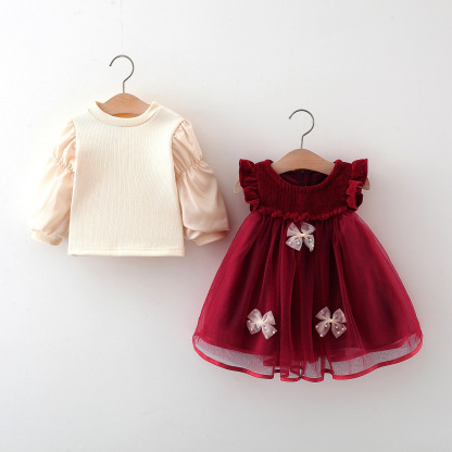 2pcs Baby Girl Padded Vest Dress Bottom Shirt Set
