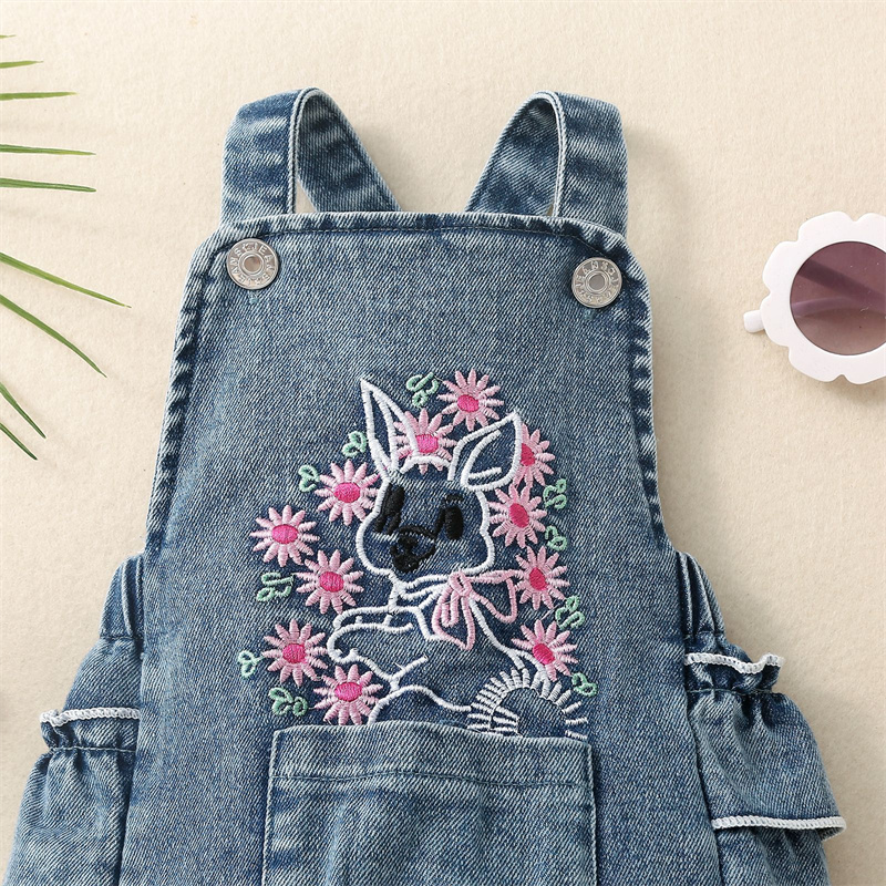 Baby Gir Cute Flower Bunny Denim Bodysuit with Bow Tie